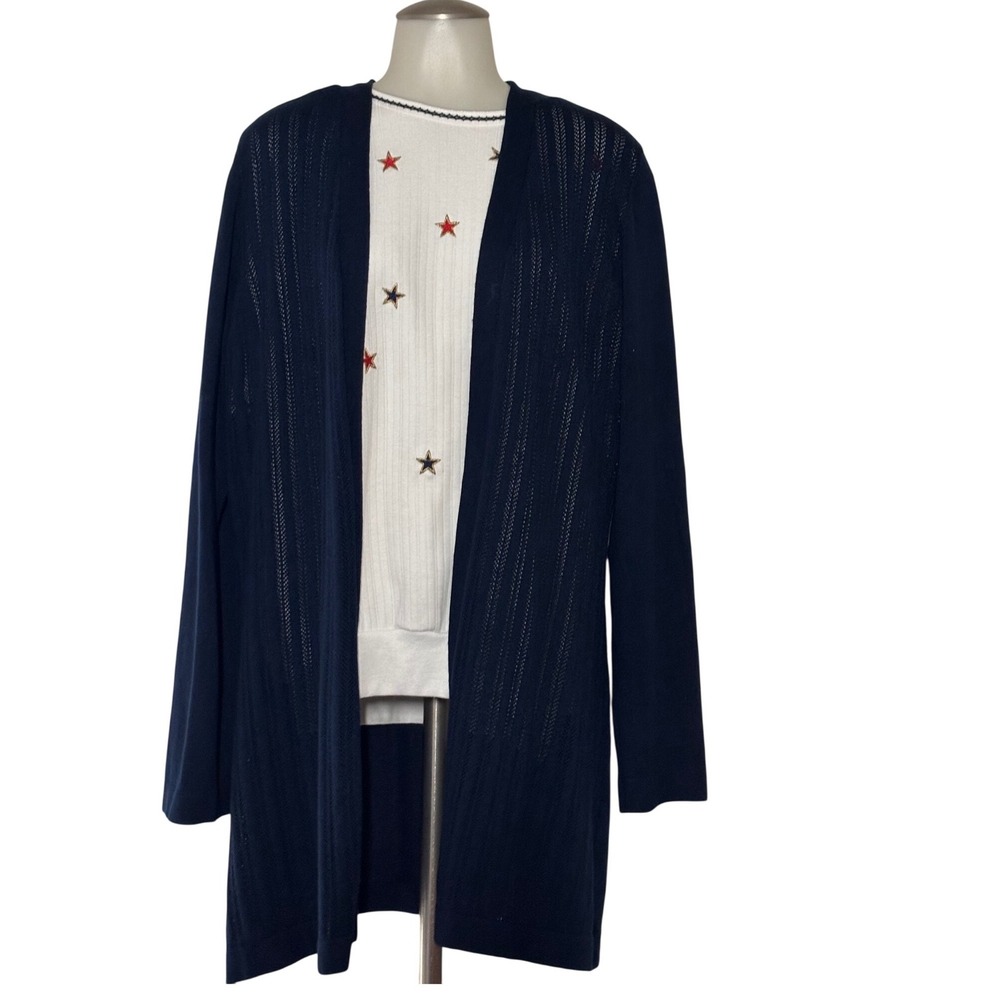 Karen Scott Navy Blue Open Front Knit Cardigan longline Sweater Women's XL EUC